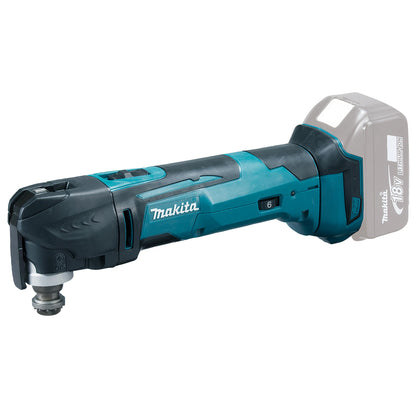 Makita DTM51Z Akku-Multifunktionswerkzeug - 18V ohne Akku/Lader. Kompaktes, blau-schwarzes Gerät. Nutzt Oszillation für Säge-, Schleif- und Schabearbeiten.