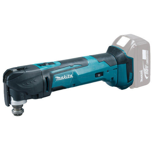 Makita DTM51Z Akku-Multifunktionswerkzeug - 18V ohne Akku/Lader. Kompaktes, blau-schwarzes Gerät. Nutzt Oszillation für Säge-, Schleif- und Schabearbeiten.