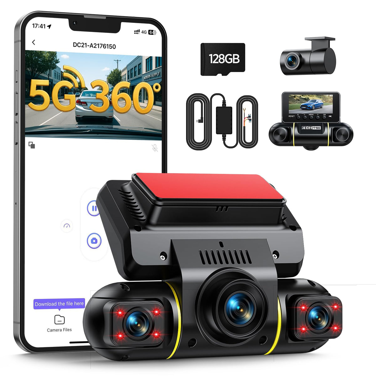 LAMTTO Dashcam 4-Kanal Auto Kamera Vorne Hinten Innen WiFi: Zeichnet Fahrten vorne, hinten und innen per WiFi auf.
