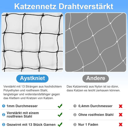 Aystkniet Katzennetz für Balkon 6 x 3 m, drahtverstärkt, UV-beständig