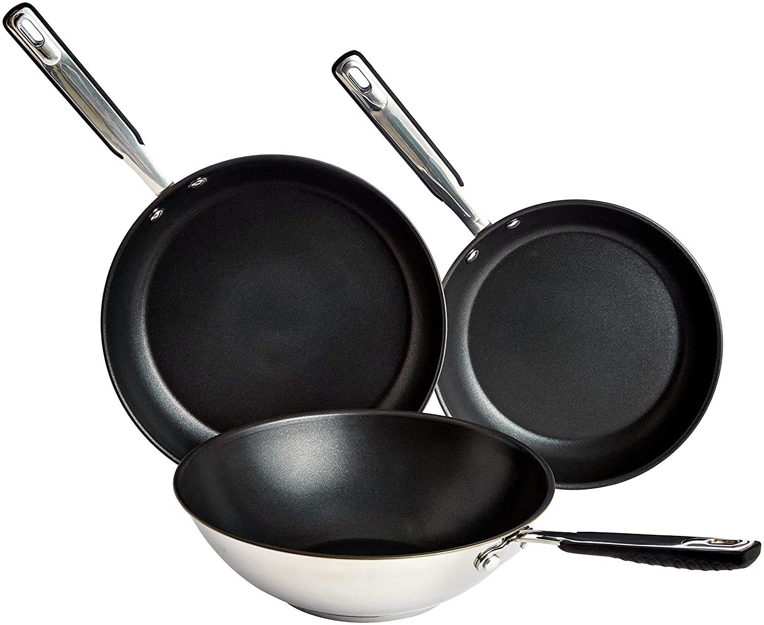 Amazon Basics Brat- & Wokpfannen Set Antihaft Induktion - 3-tlg: Schwarze, runde Pfannen zum Braten und Wokken auf jedem Kochfeld.