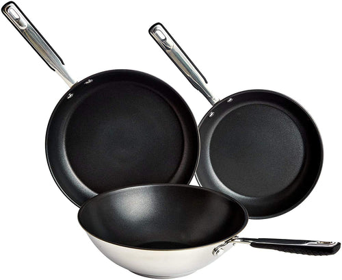 Amazon Basics Brat- & Wokpfannen Set Antihaft Induktion - 3-tlg: Schwarze, runde Pfannen zum Braten und Wokken auf jedem Kochfeld.