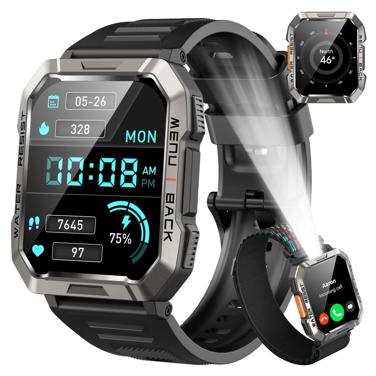 Baolubao W60 Smartwatch Herren Outdoor Sportuhr mit LED-Taschenlampe, HD-Touchscreen und Silikonarmband