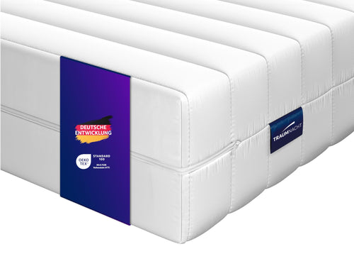 Traumnacht XXL Ortho Tonnentaschenfederkern Matratze H3 90x200. Rechteckige, weiße Matratze für orthopädischen Liegekomfort und Körperanpassung beim Schlaf.