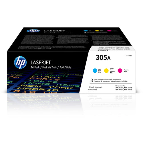 HP 305A (CF370AM) Original Toner Multipack CMY 3er-Pack: Drei CMY-Toner-Kartuschen zur Farbbild- und Textproduktion in HP Laserprintern.