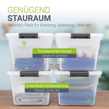 Juskys Aufbewahrungsboxen 60L – 4er Set, transparent & stapelbar