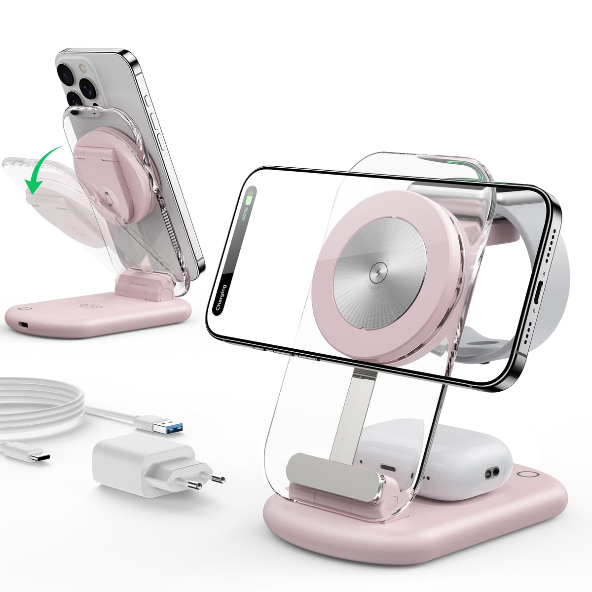 Mukiya 3-in-1 MagSafe Ladestation für iPhone, Apple Watch, AirPods, rosa, faltbar