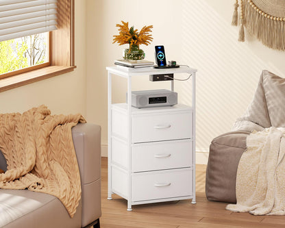 Coleshome Nachttisch Weiss mit Steckdose, USB und LED, 3 Schubladen