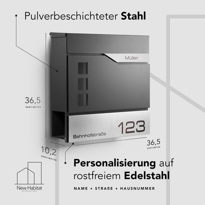 NewHabitat Wandbriefkasten Oslo Anthrazit mit Zeitungsfach und Gravur