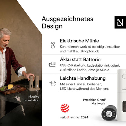 LARS NYSØM Salz- und Pfeffermühlen Set elektrisch mit USB-Ladestation