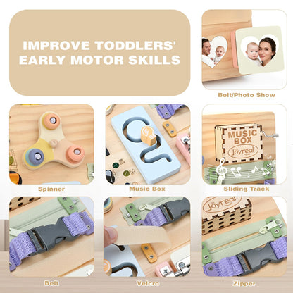 Joyreal Montessori Busy Board aus Holz, Motorikspielzeug mit 20 LEDs
