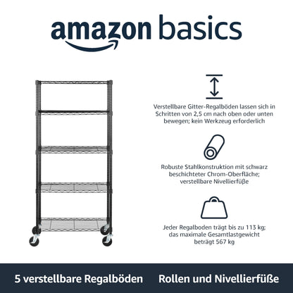Amazon Basics Schwerlastregal 5 Böden Rollen Schwarz – 76.2 cm