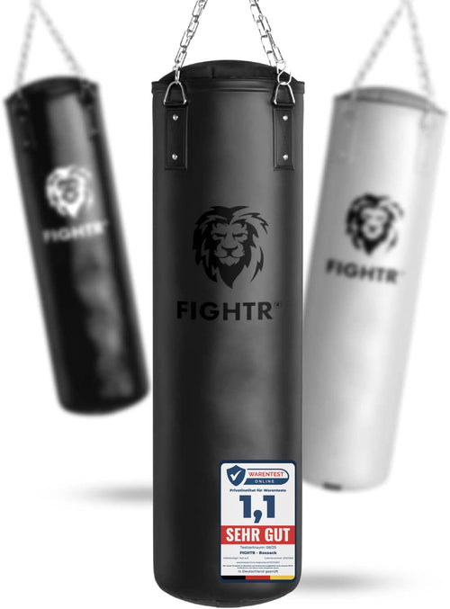 FIGHTR Boxsack Kampfsport Set - gefüllt mit 4-Punkt-Kette. Schwarzer, zylindrischer Boxsack mit 4-Punkt-Kette. Dient dem Schlagtraining im Kampfsport.