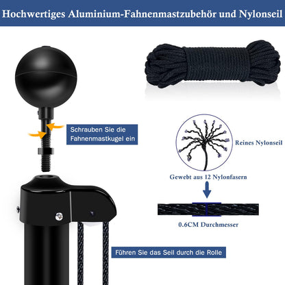 NQ Fahnenmast Set 6 m, Aluminium, höhenverstellbar, schwarz
