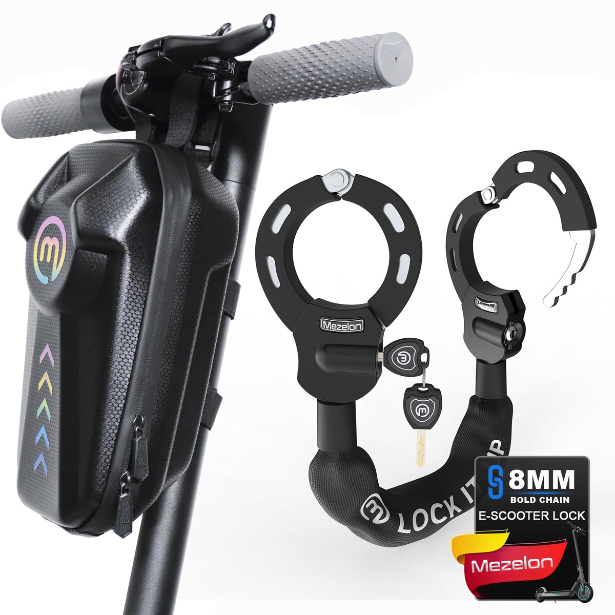 Mezelon E-Scooter Schloss mit Tasche, 8 mm Kette Handschellenschloss – Stahlkette mit Silikonüberzug und EVA-Tasche