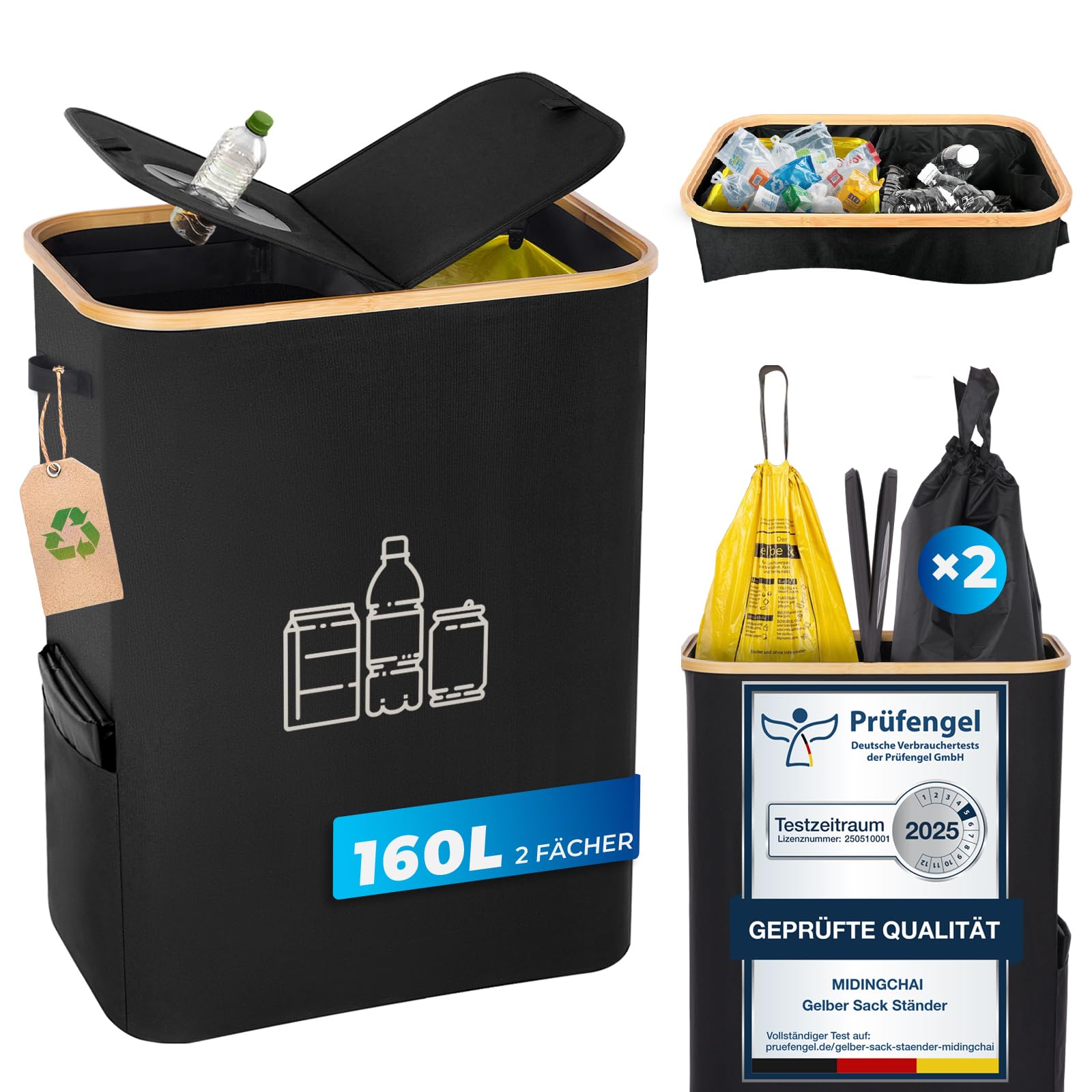 MidingChai Gelber Sack & Pfandflaschen Müllsystem 2-in-1, Schwarz. Schwarzes 2-in-1-Sammelsystem für Gelbe Säcke und Pfandflaschen.