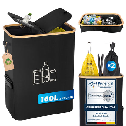 MidingChai Gelber Sack & Pfandflaschen Müllsystem 2-in-1, Schwarz. Schwarzes 2-in-1-Sammelsystem für Gelbe Säcke und Pfandflaschen.