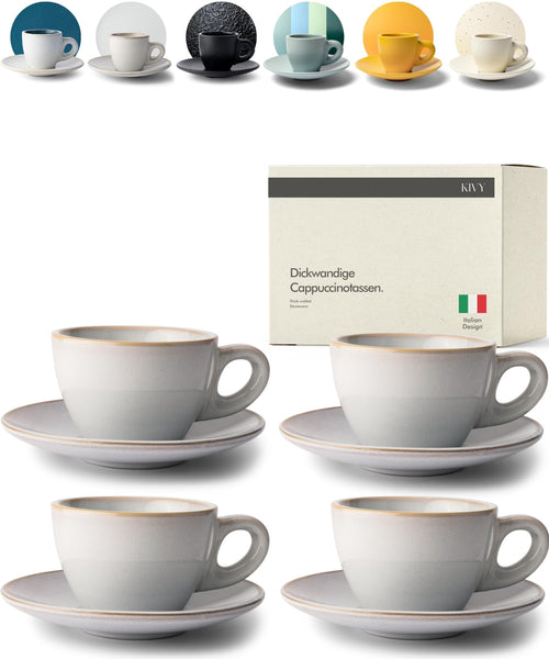 KIVY Cappuccino Tassen 4er Set aus Steingut mit Untertassen, grau