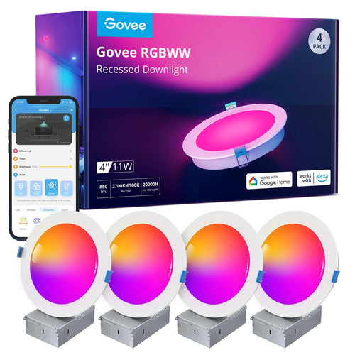 Govee Smart LED Einbaustrahler RGBWW 120mm - 4er Set. Runde, flache LED-Spots für smarte Deckenbeleuchtung mit Farbwahl.