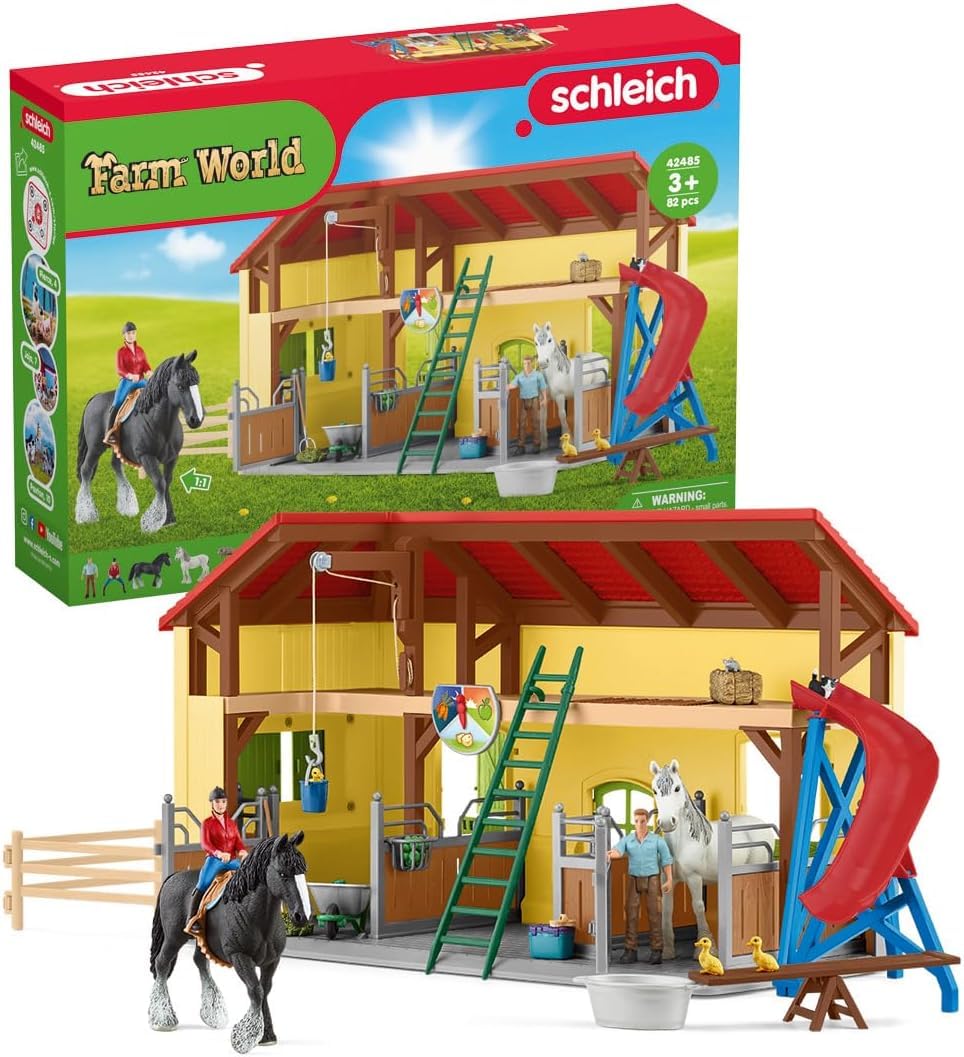 SCHLEICH Farm World Pferdestall 42485 – Spielset Bauernhof: Brauner Stall mit rotem Dach. Nachbildung zum Spielen mit Tierfiguren.