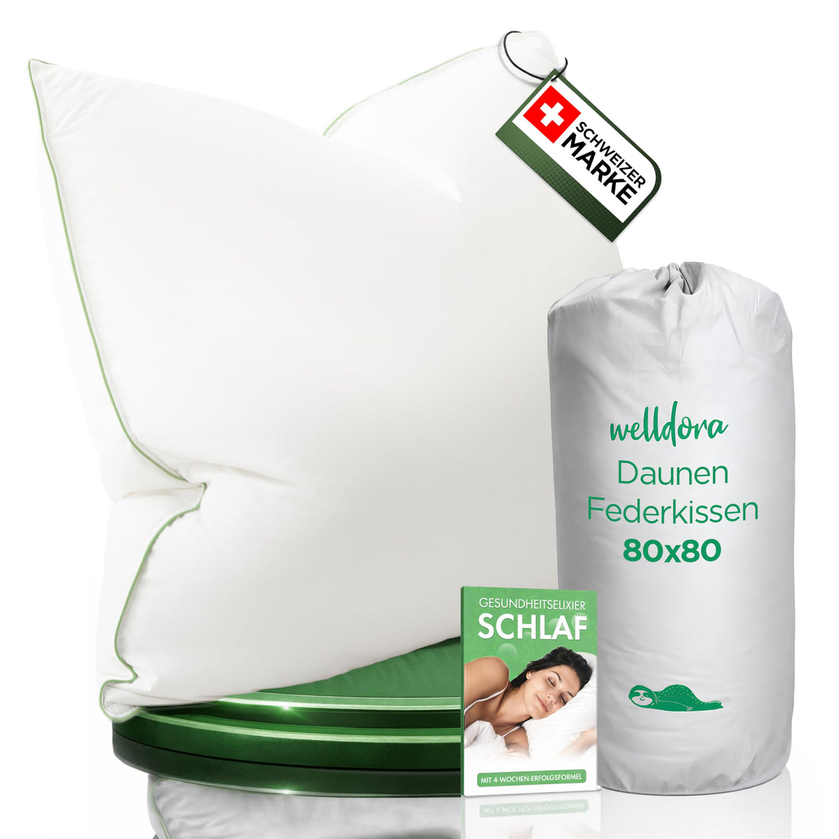 Welldora Kopfkissen 80x80 cm, 3-Kammer-Daunenkissen, mittelfest, mit Daunen-Feder-Füllung und Baumwollbezug