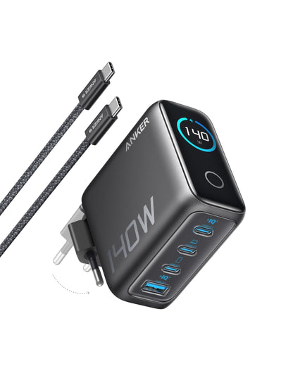 Anker 140W USB C Ladegerät – 4-Port GaN Netzteil, schwarzes Block-Netzteil. Lädt 4 Geräte wie Notebooks und Smartphones simultan.