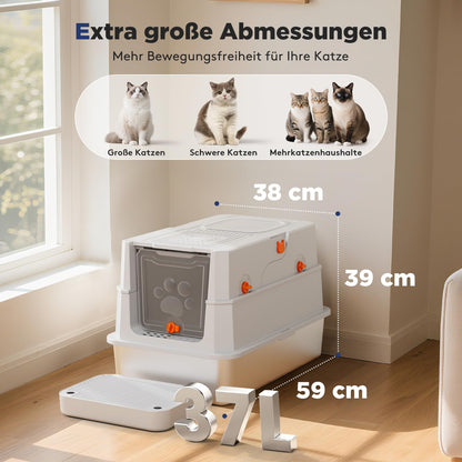 MIXJOY Katzenklo XXL Edelstahl mit Deckel, zwei Eingänge, 59x38x39 cm