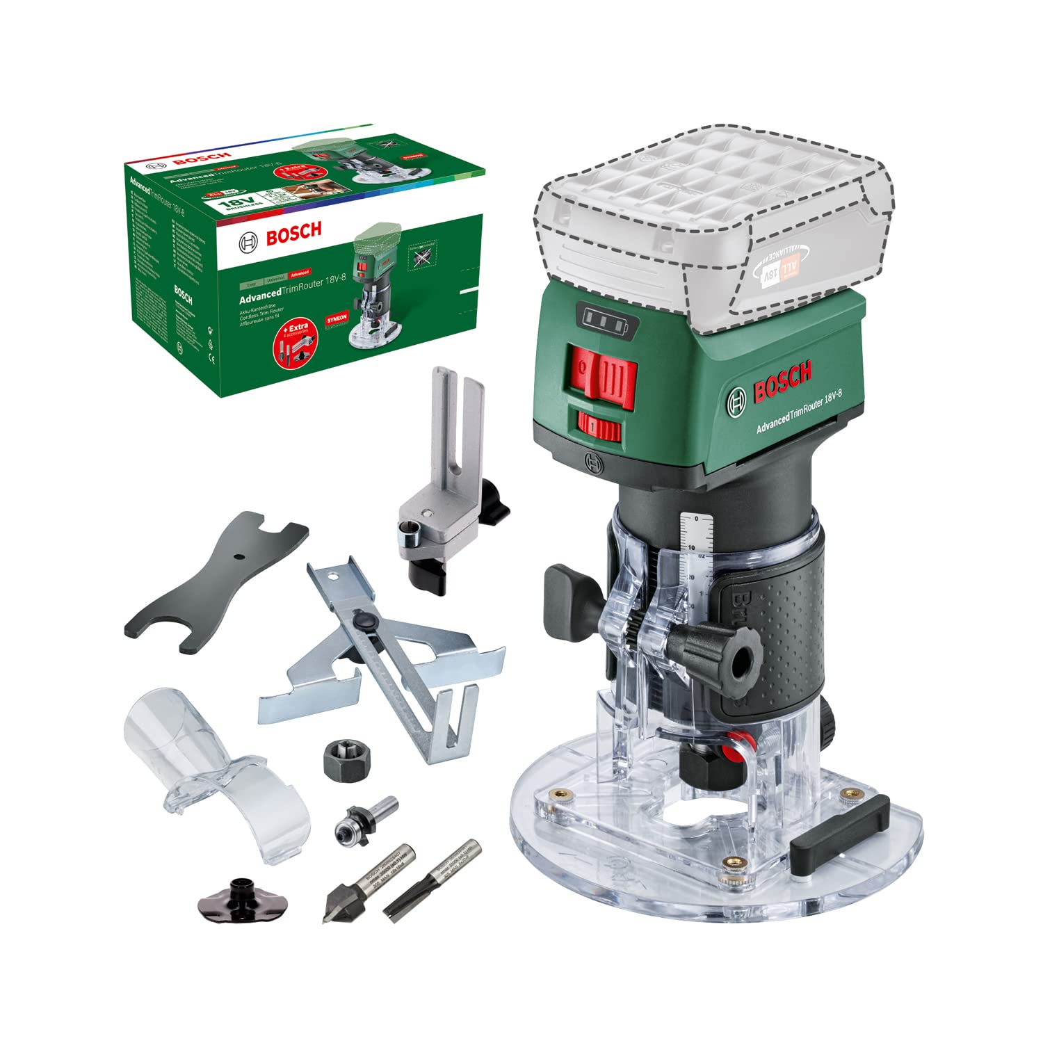 Bosch AdvancedTrimRouter 18V-8 Akku-Kantenfräse - ohne Akku. Blaue Kantenfräse mit Grundplatte zum präzisen Kantenprofilieren.