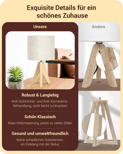 EDISHINE LED Nachttischlampe Holz 2er Set mit beigem Leinenschirm