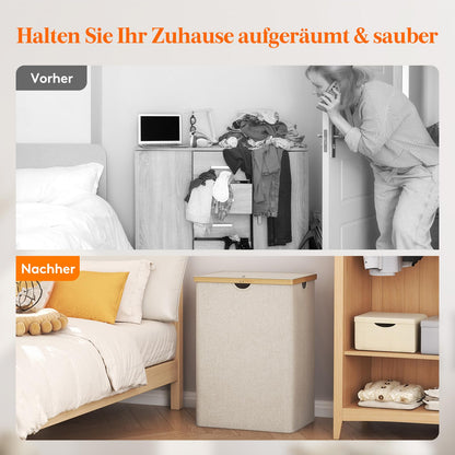 Lifewit Wäschekorb Bambus mit Deckel, 160 L, 2 Fächer, beige