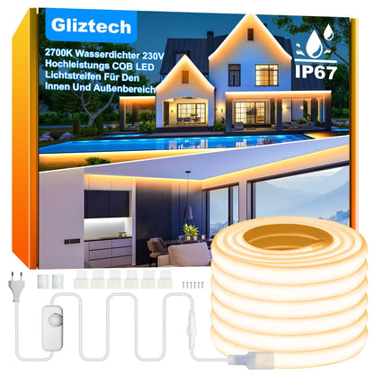 Gliztech COB LED Streifen 20 m, IP67 wasserdicht, 2700K warmweiss – Lichtband mit Silikonschlauch