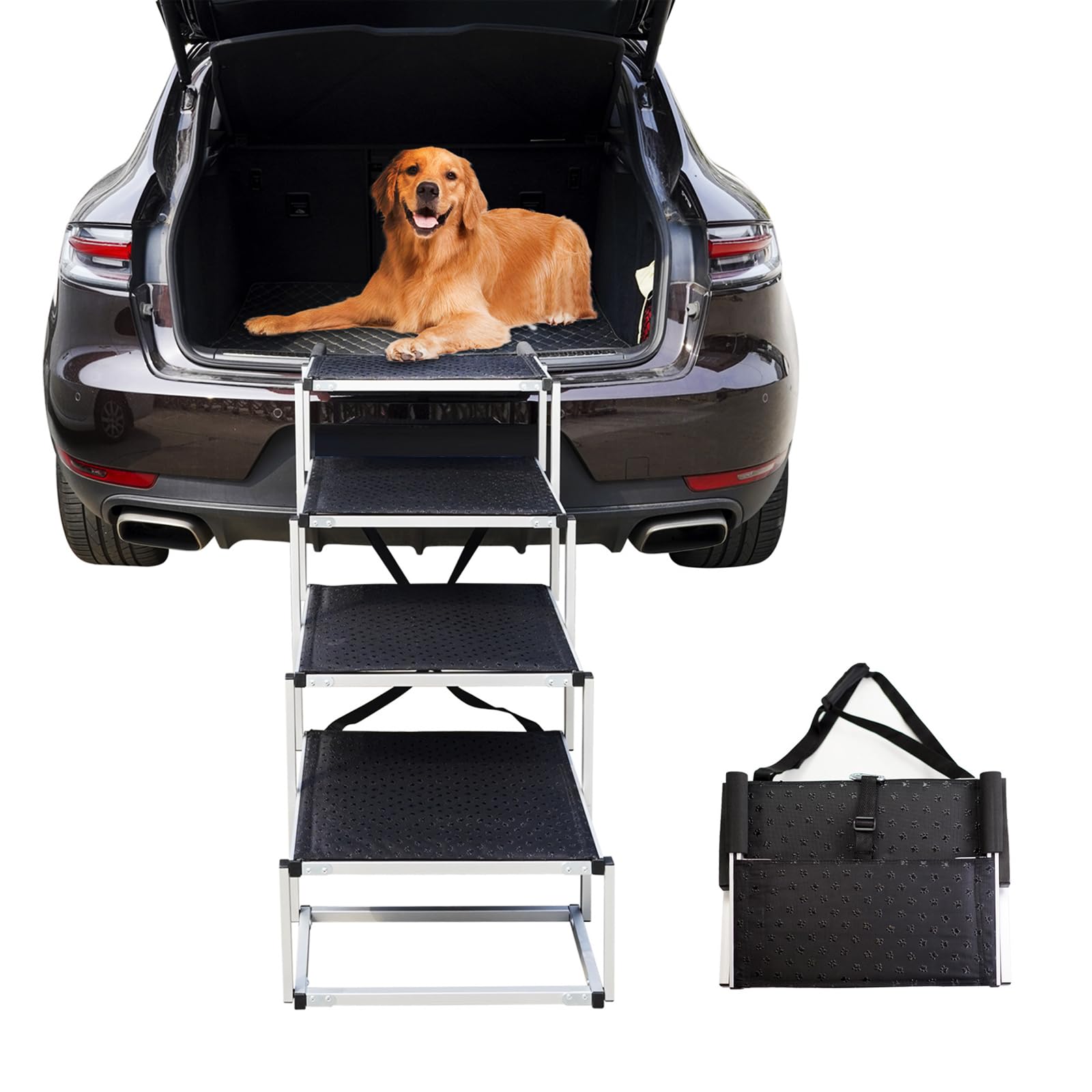Bounabay Hundetreppe Auto - 4 Stufen Klappbar Aluminium. Silberne, klappbare 4-Stufen-Hundetreppe aus Aluminium für den einfachen Ein- und Ausstieg ins Auto.