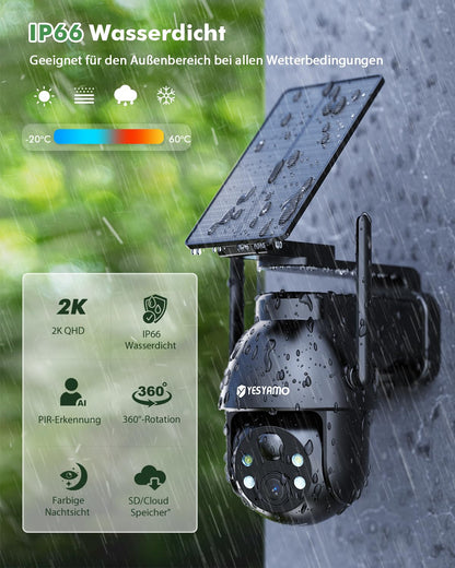 YESYAMO 2K Überwachungskamera Aussen mit Akku, Solarpanel, Pan/Tilt