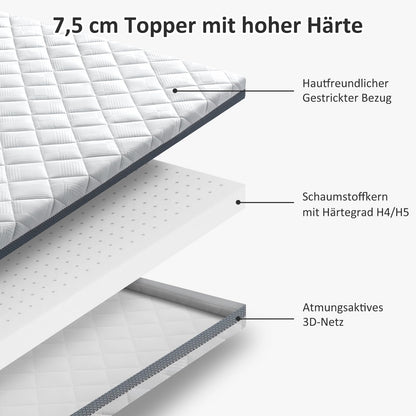 BedStory Matratzentopper 180x200 cm, H4/H5 hart, 7,5 cm Höhe