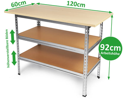 Ondis24 Werkbank Uwe 120 cm, verzinkt, mit Buchenarbeitsplatte