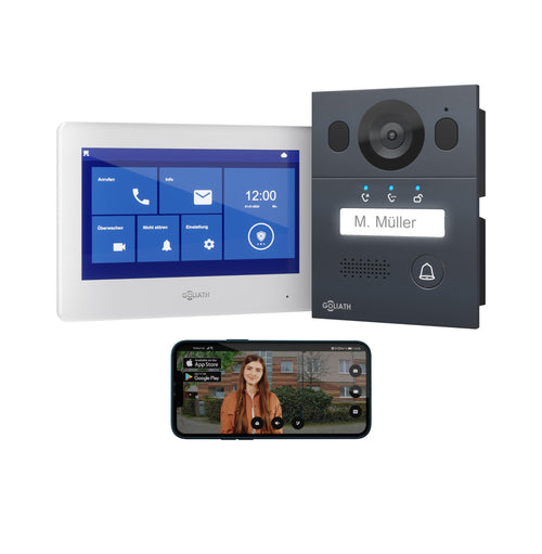 Goliath Videotürsprechanlage mit Kamera - 7 Zoll Monitor, schwarzes Gehäuse für visuelle und akustische Türkommunikation.