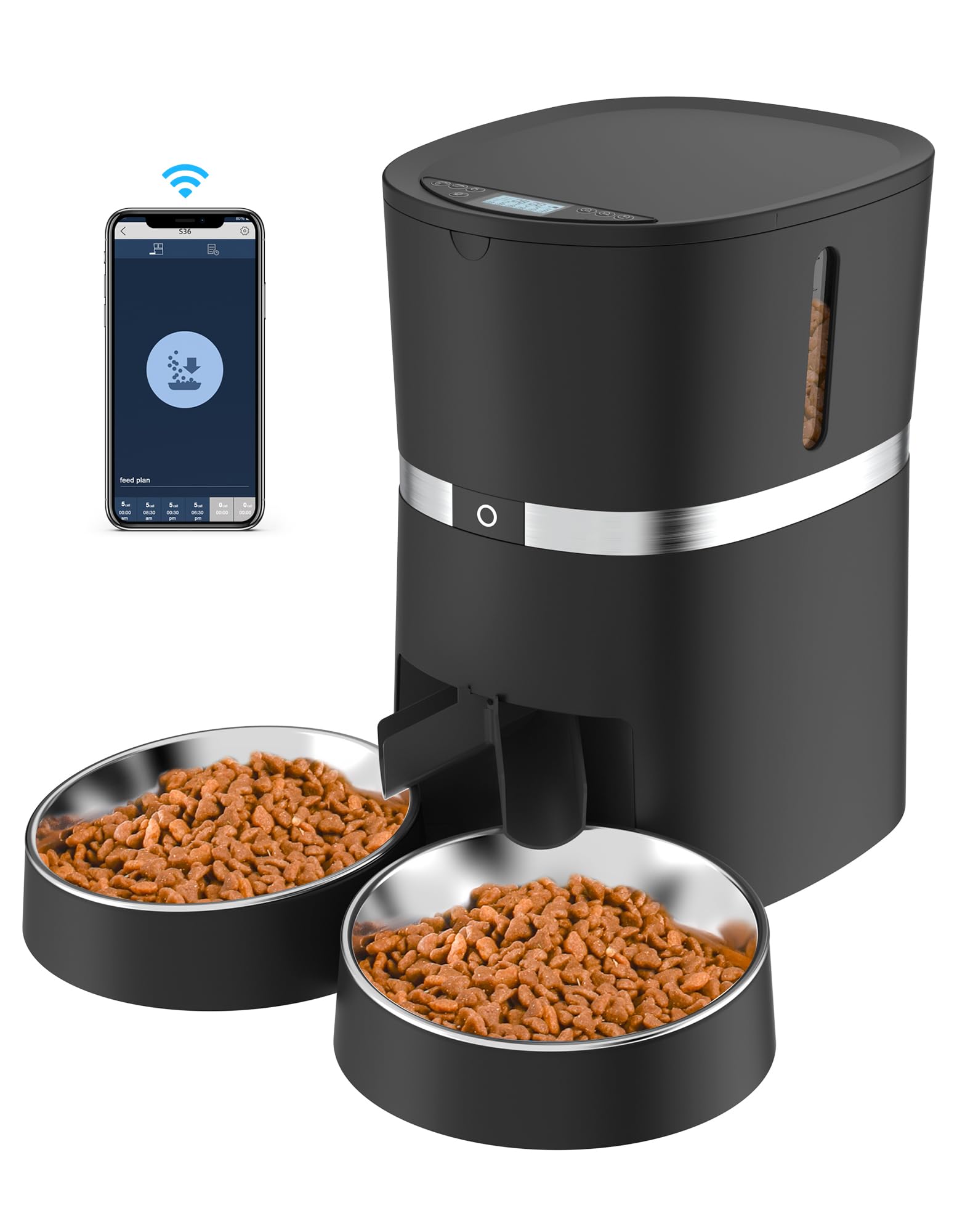 WellToBe Smart WiFi Futterautomat für Katzen & Hunde – Schwarz: Schwarzer, rechteckiger Behälter. Spendet per App Futter für Haustiere.