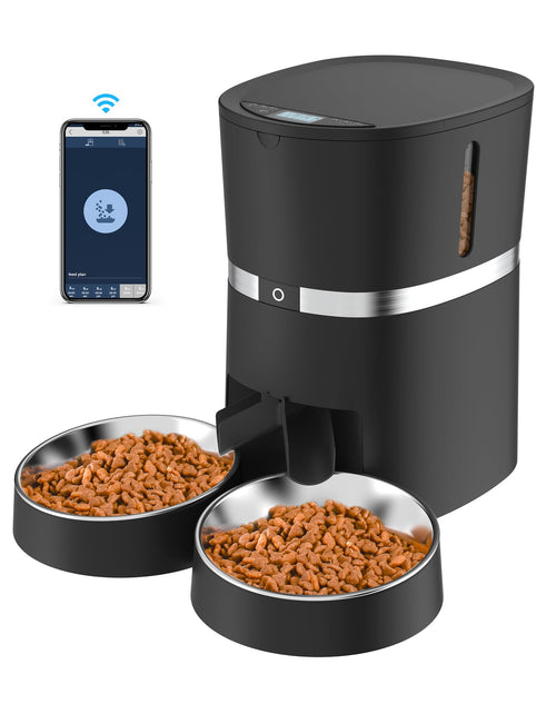 WellToBe Smart WiFi Futterautomat für Katzen & Hunde – Schwarz: Schwarzer, rechteckiger Behälter. Spendet per App Futter für Haustiere.