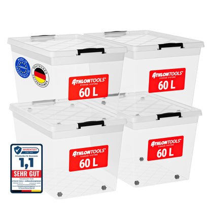 ATHLON TOOLS Aufbewahrungsboxen 60 L mit Deckel, 4er-Set, transparent – stapelbar, schwarze Verschlussclips