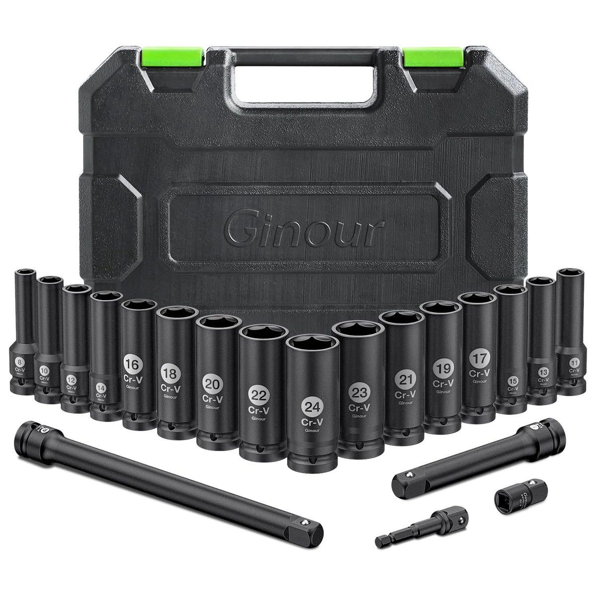 Ginour Schlagschrauber-Nüsse-Set 1/2 Zoll 8-24 mm 20-teilig im sortierten Aufbewahrungskoffer