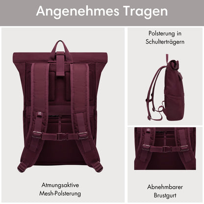 LARKSON No 4 Rolltop Rucksack Rot mit Laptopfach, 20 Liter