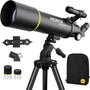 AstroView Refraktor Teleskop 80/500mm - Tragbar mit Zubehör. Schwarzer, zylindrischer Tubus auf Stativ zur astronomischen Beobachtung von Himmelsobjekten.