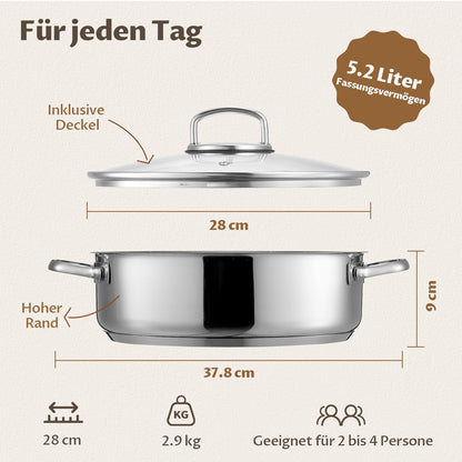 BEZIA Schmorpfanne 28 cm mit Deckel, Edelstahl 18/10, 5,2 L