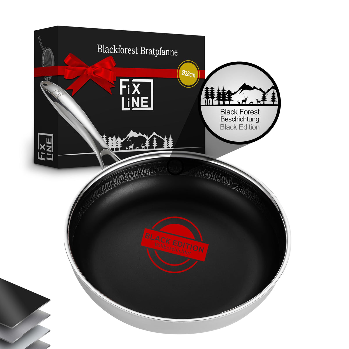 FIXLINE® BLACK FOREST Bratpfanne 28cm – Induktion Antihaft, runde schwarze Pfanne zum Braten und Schmoren von Speisen.