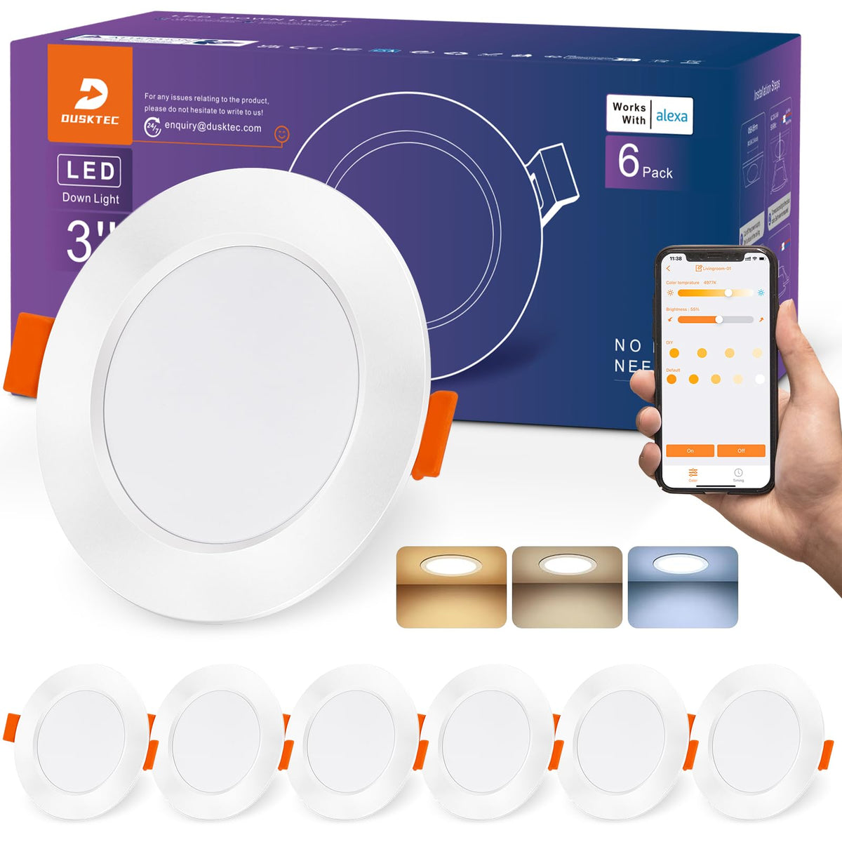 DUSKTEC LED Einbaustrahler dimmbar, 230V, 2700-6000K, 6er Set mit flachem Aluminiumgehäuse