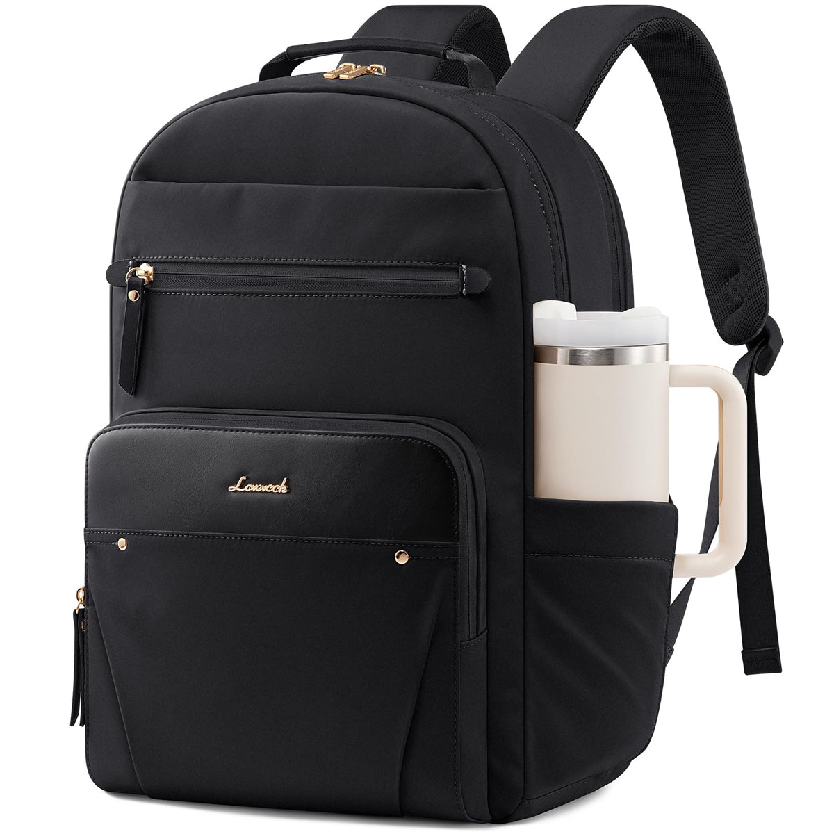 LOVEVOOK Laptop Rucksack Damen 17 Zoll, wasserabweisend, Schwarz – mit Seitentasche für Trinkflasche