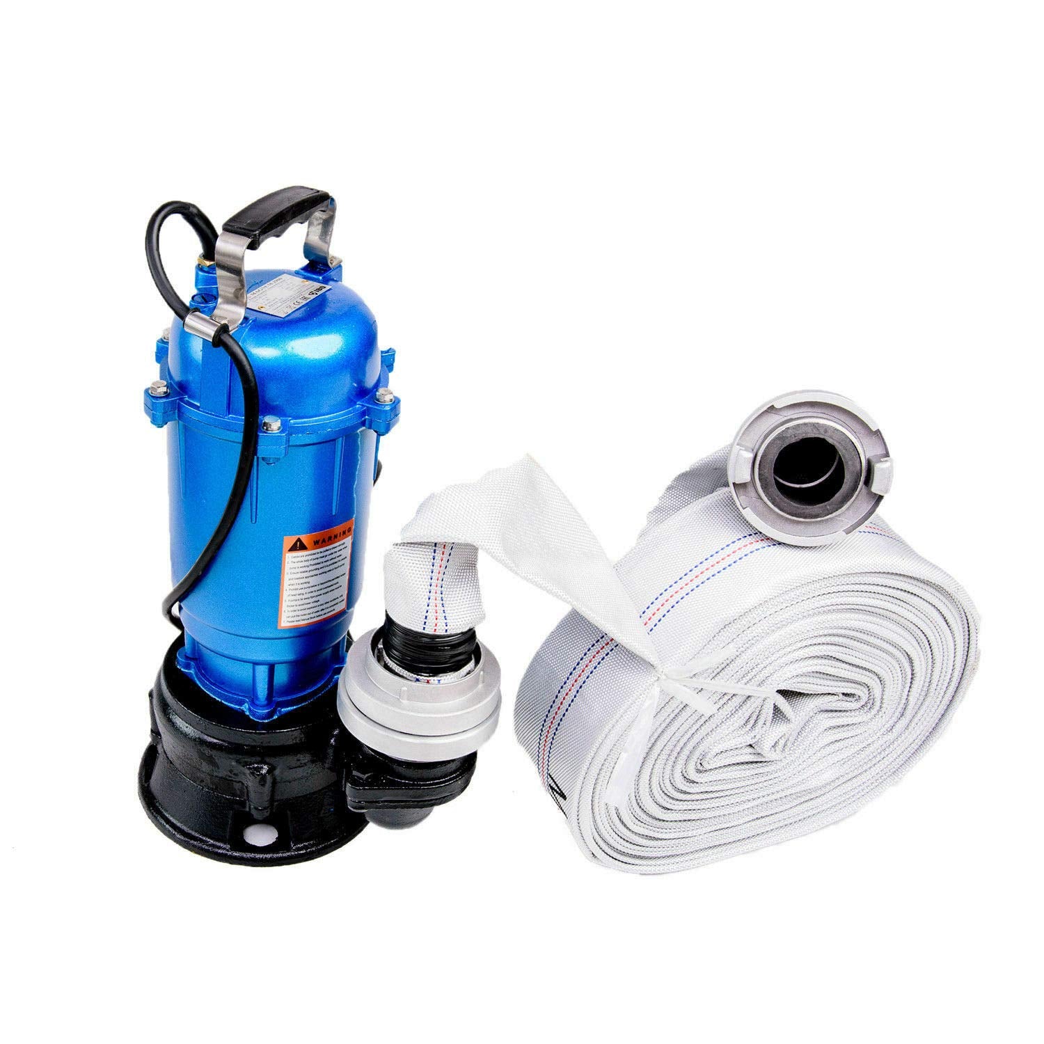 Fäkalienpumpe 550W M – 2" Storz C Kupplung, 20m Schlauch. Graue, robuste Tauchpumpe zum Fördern von fäkalienhaltigem Abwasser.