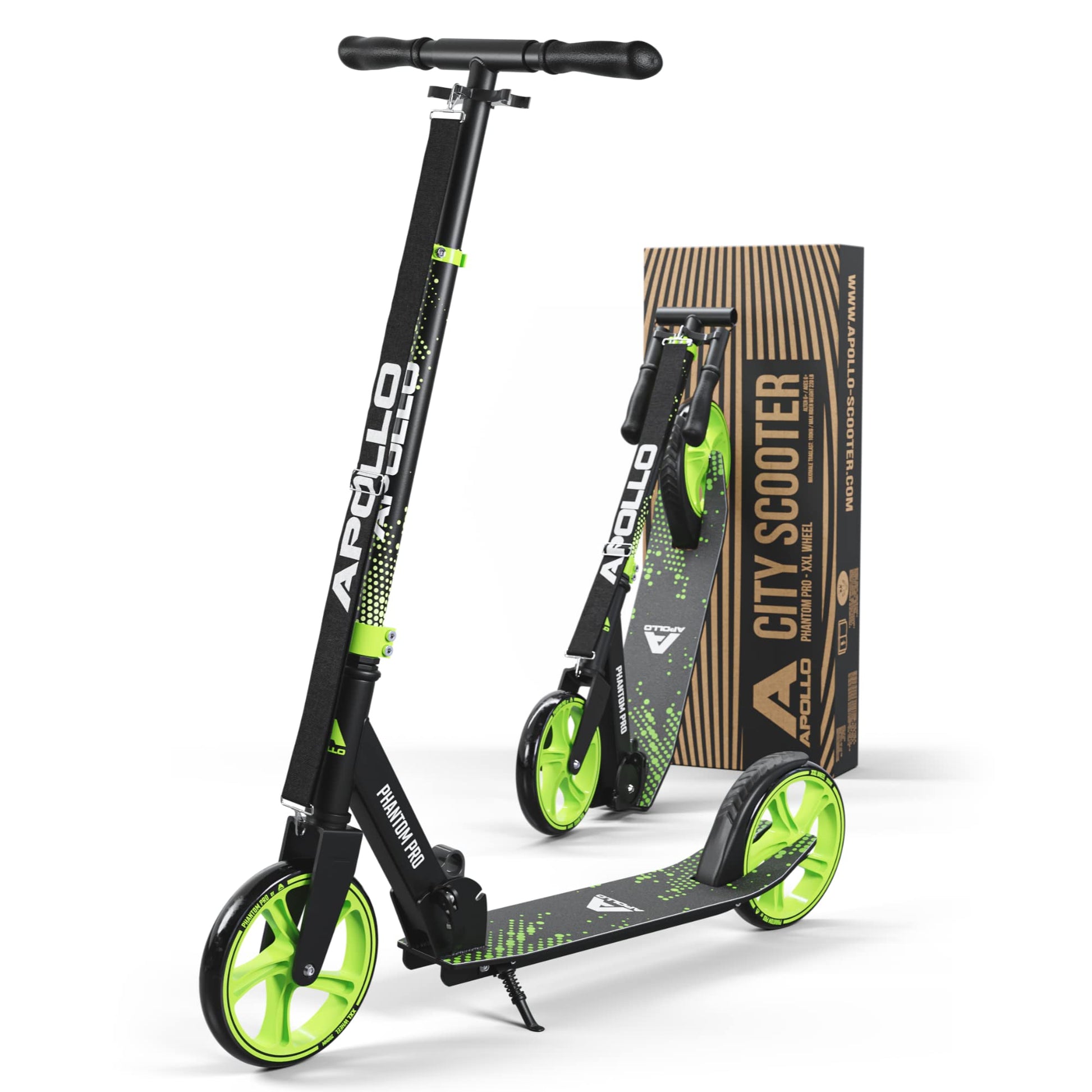 Apollo Phantom Pro City Scooter. Faltbarer, höhenverstellbarer Tretroller mit XXL-Rädern. Kompakter City-Roller für urbane Mobilität.