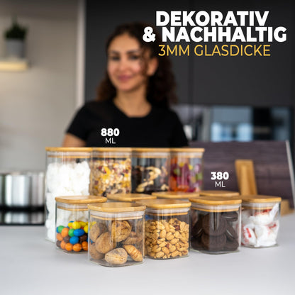 CLIDOR Vorratsgläser Eckig - 12er Set, Luftdicht, 880ml/380ml