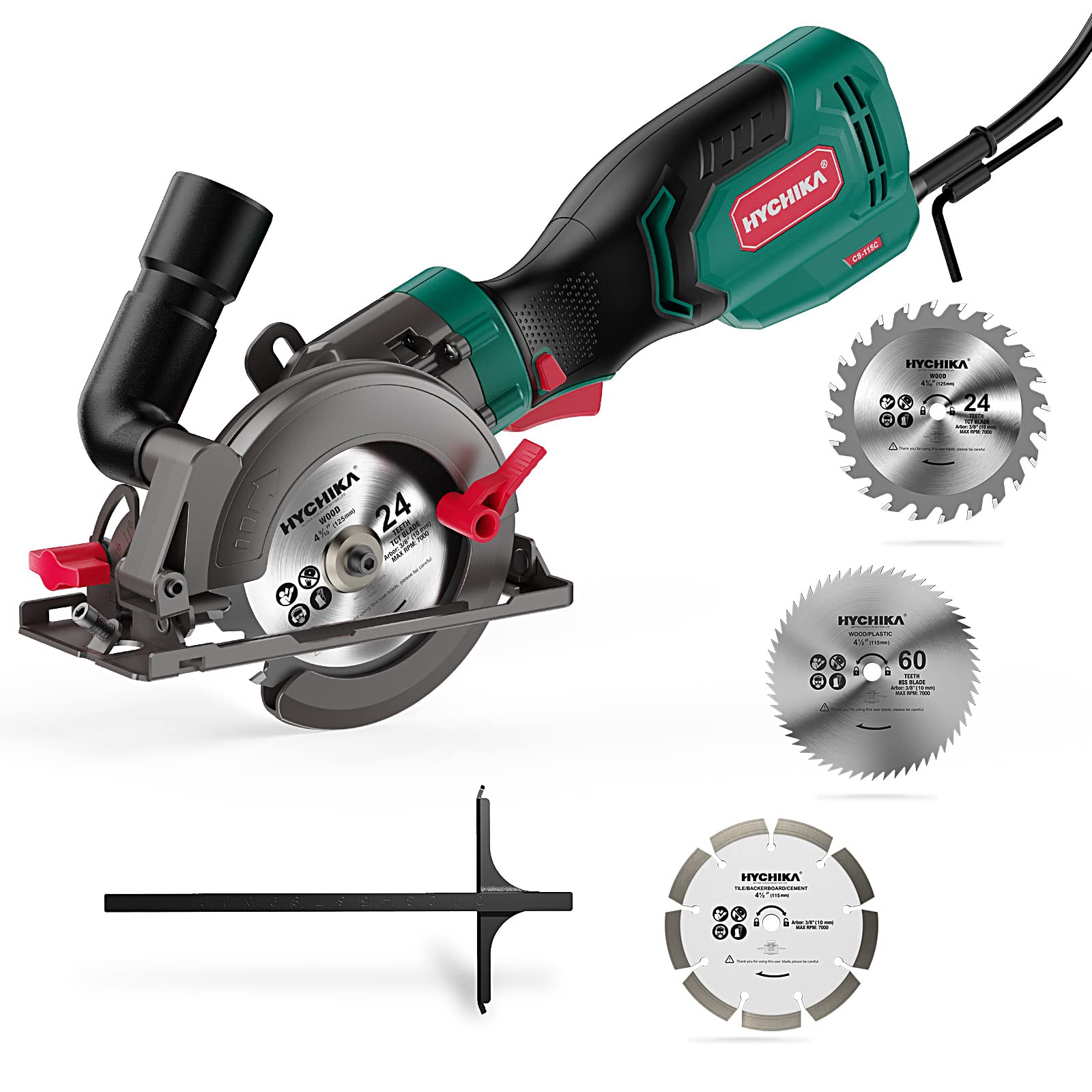 HYCHIKA Handkreissäge 750W – Set mit 3 Sägeblättern 115/125mm, kompakt. Zum präzisen Trennen von Holz, Metall, Fliesen.